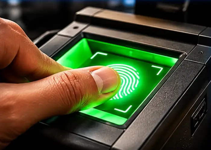 A customer placing a thumb on the fingerprint scanner